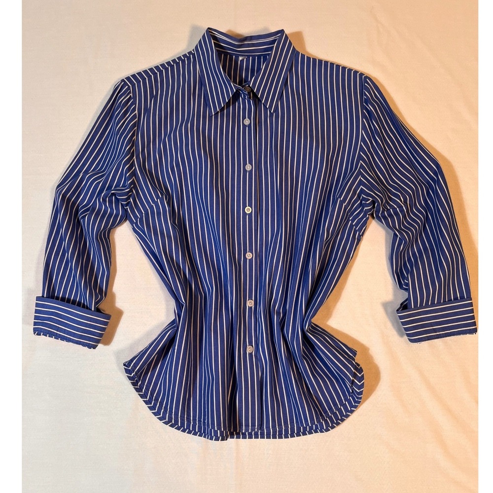 Blue White Striped Button Down Shirt 100% Cotton Long Sleeve Blouse Large